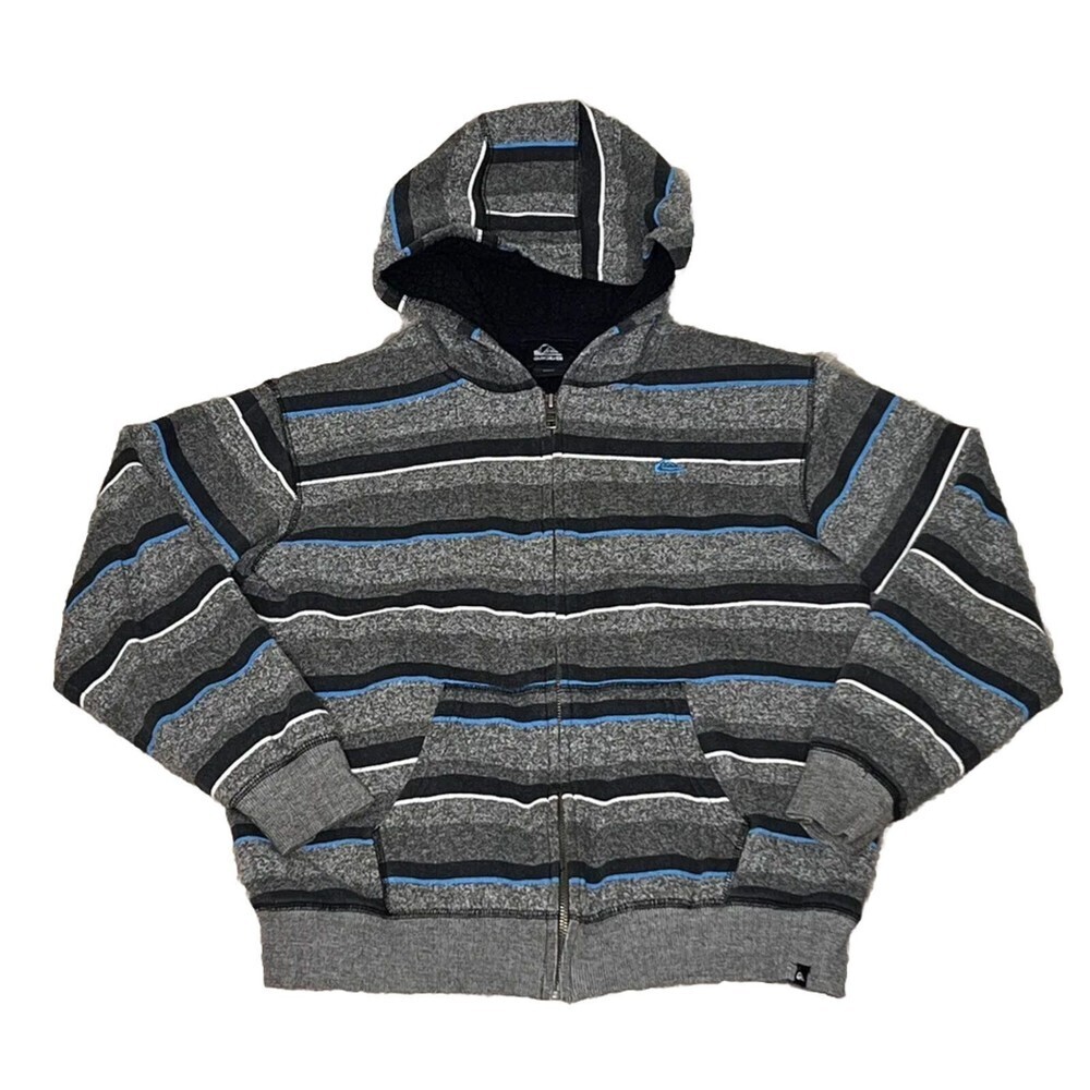 Quicksilver Sherpa Lined Youth Full Zip Gray Striped Hoodie Jacket Youth Medium
